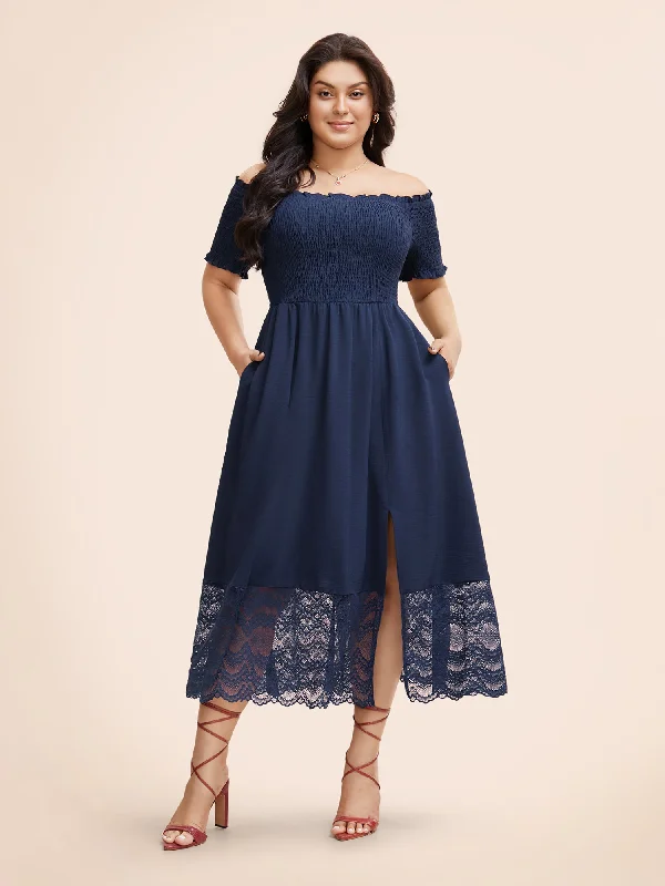 Off Shoulder Shirred Lace Patchwork Dress