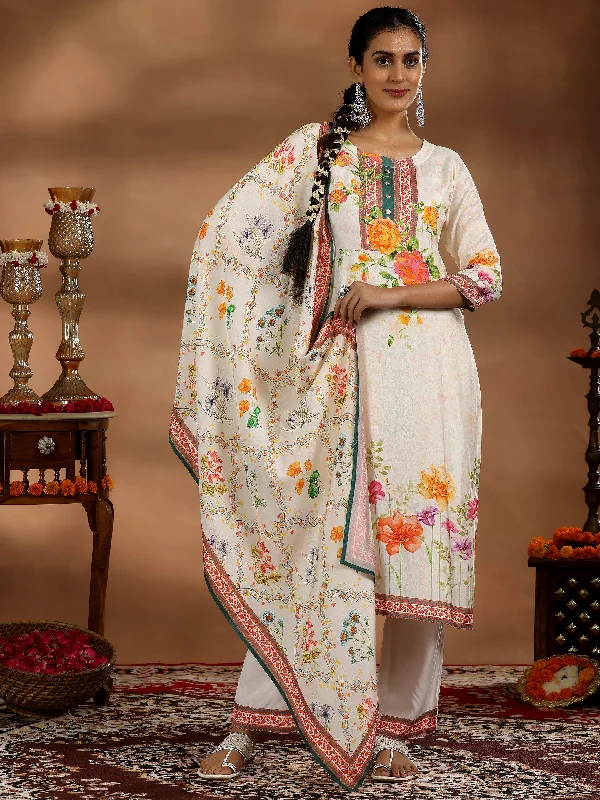 Off White Printed Cotton Blend Straight Suit With Dupatta