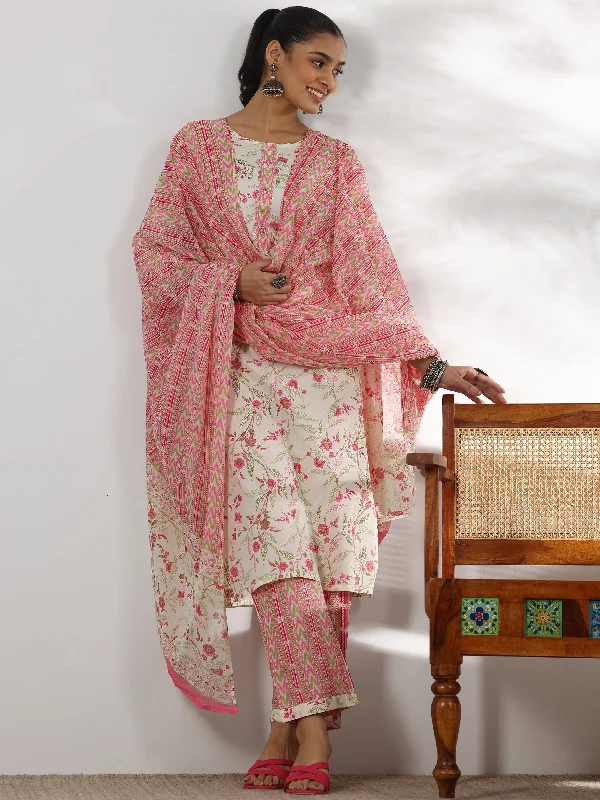 Off White Printed Cotton Straight Suit With Dupatta