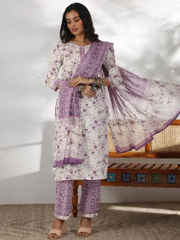 Off White Printed Cotton Straight Suit With Dupatta