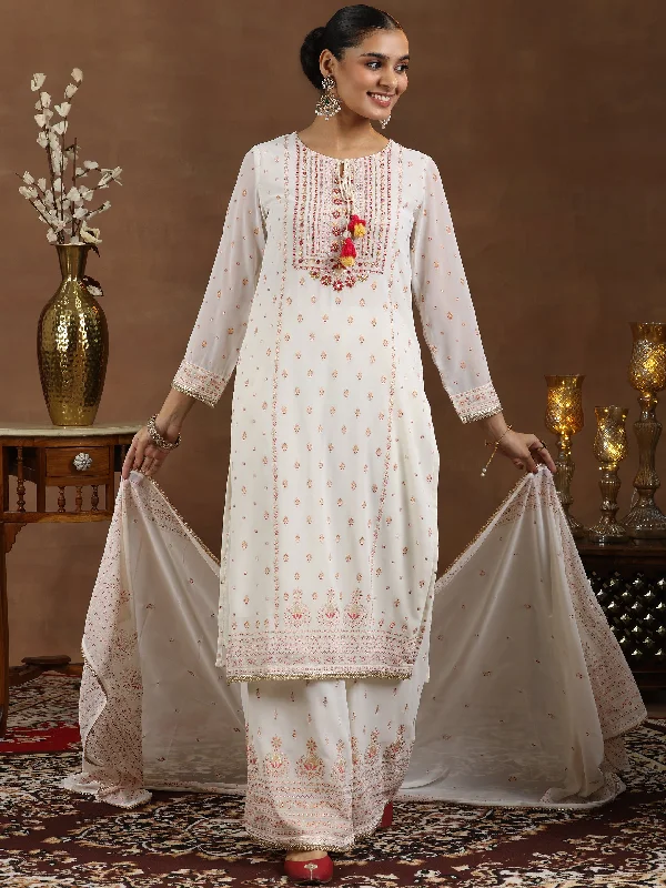 Off White Printed Georgette Straight Suit With Dupatta