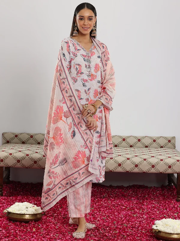 Off White Printed Linen Straight Suit With Dupatta