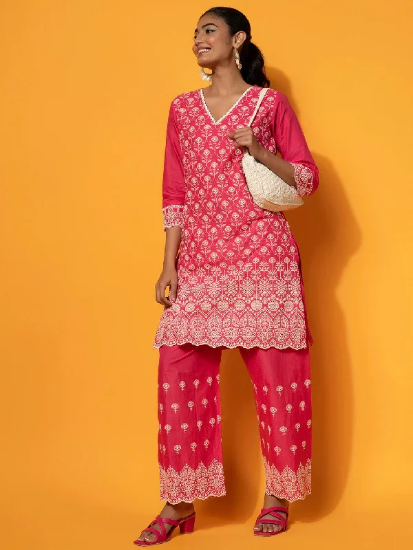 Pink Embroidered Cotton Co-Ords