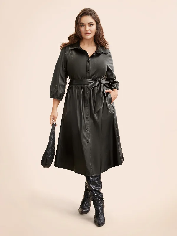 Shirt Collar PU Leather Belted Dress