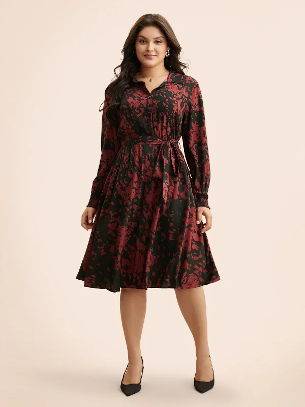 Silhouette Floral Print Shirt Collar Belted Dress