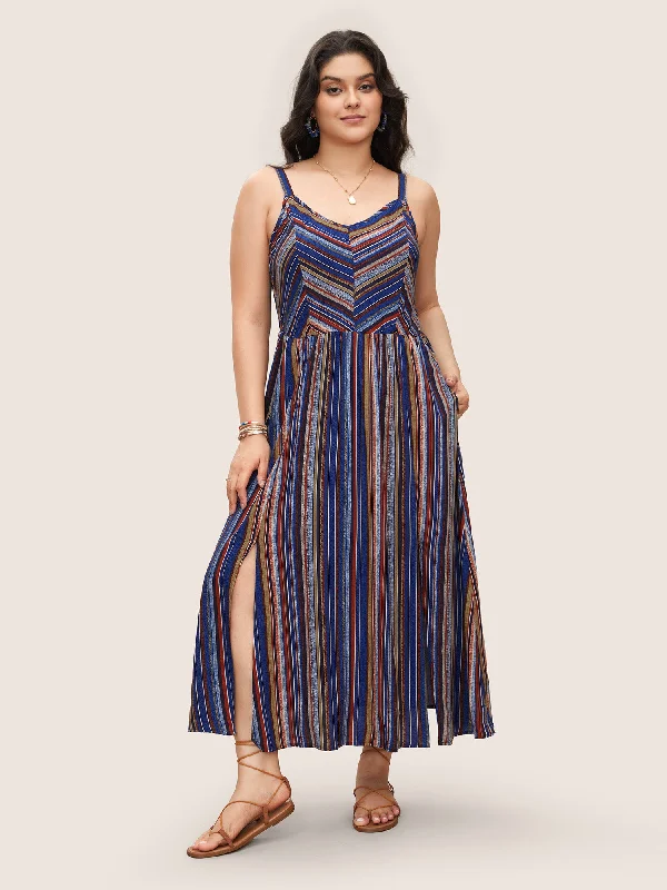 Striped Contrast Pocket Split Ruffle Hem Spaghetti Strap Dress