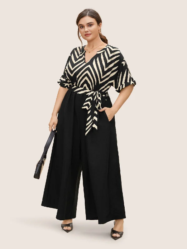 Striped Patchwork Knot Cuffed Sleeve Jumpsuit