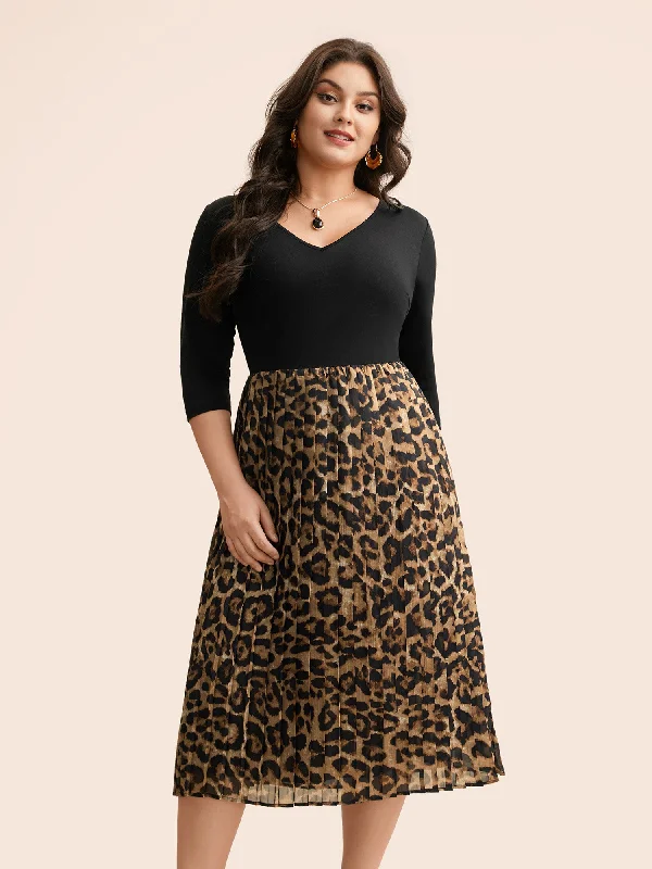 V Neck Leopard Print Patchwork Dress