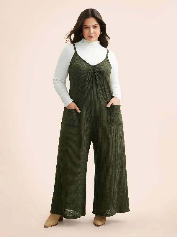 Waffle Knit Plicated Detail Patch Pocket Jumpsuit