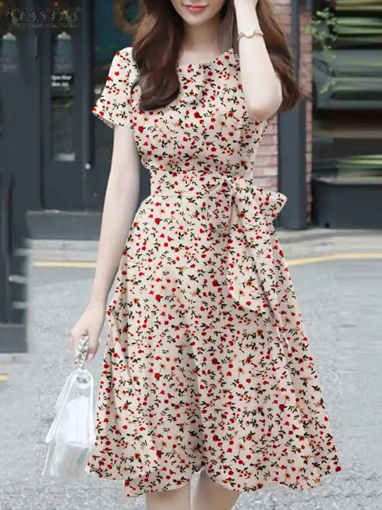 Elegant Short Floral Summer O Neck Holiday Casual Knee Length Robe Femme Midi Dresses