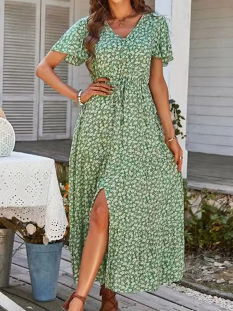 Vintage Floral Elegant Loose New Slit Holiday Leisure Print Midi Dresses