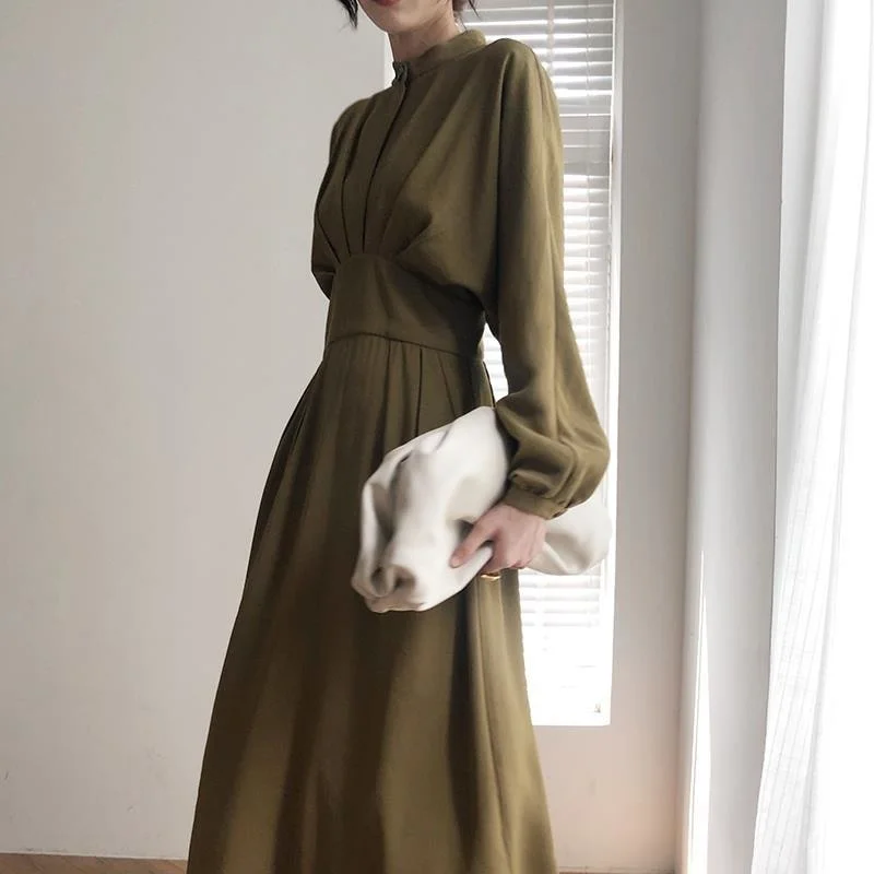 Vintage Long Sleeve Elegant Autumn Bodycon Dress Slimming Pleated Stand Collar Midi Dress