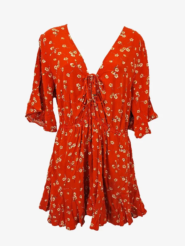 Kivari Pretty Summer Rust Floral Mini Dress Size L