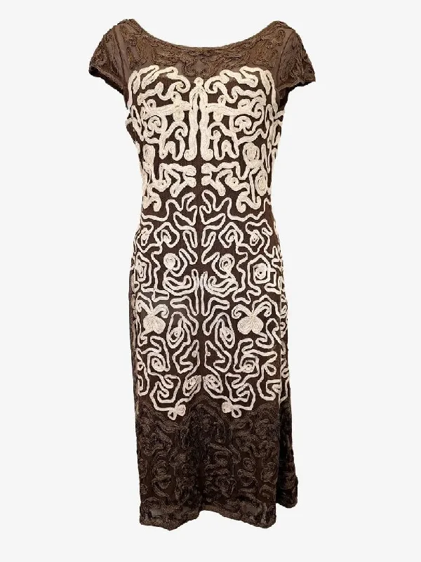 Phase Eight Chocolate Vanilla Swirl Applique Midi Dress Size 12