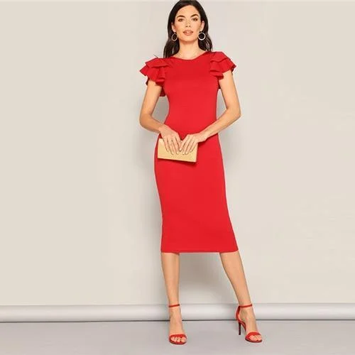 FashionSierra - Red Layered Ruffle Sleeve Crisscross Back Bodycon Dress Women Summer Elegant Sleeveless Solid Slim Midi Party Dress