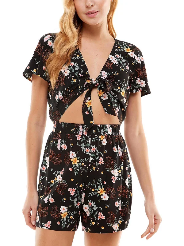 Womens Floral Print Tie-Front Mini Romper