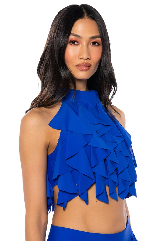 SERENITY RUFFLED HALTER NECK TOP IN BLUE