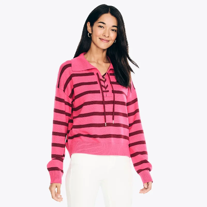 Nautica Womens Striped Lace-Up Sweater