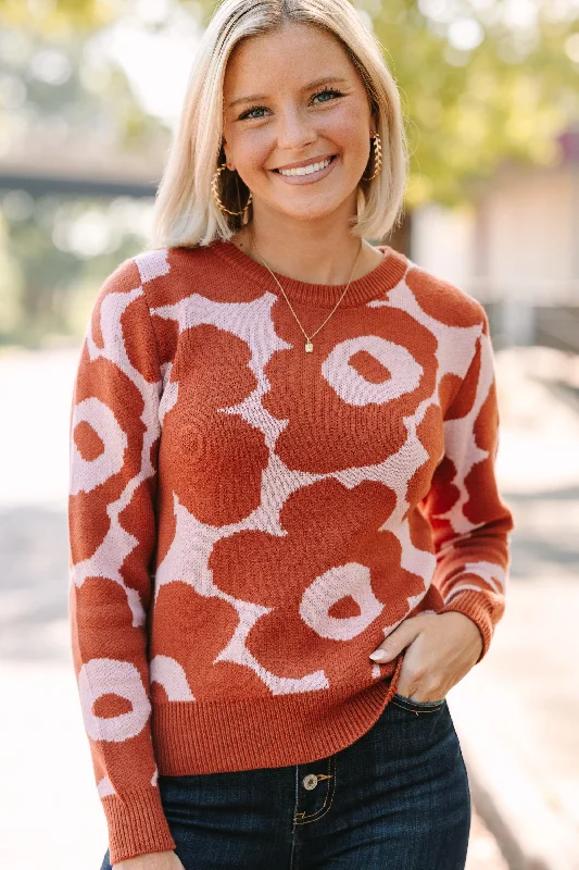 Stay Right There Brick Orange Floral Sweater