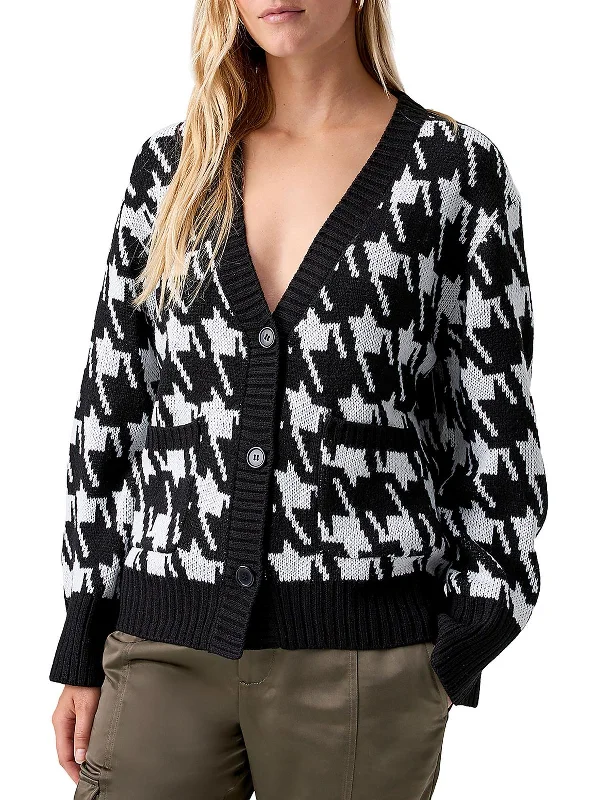 Warms My Heart Womens Houndstooth Button-Down Cardigan Sweater